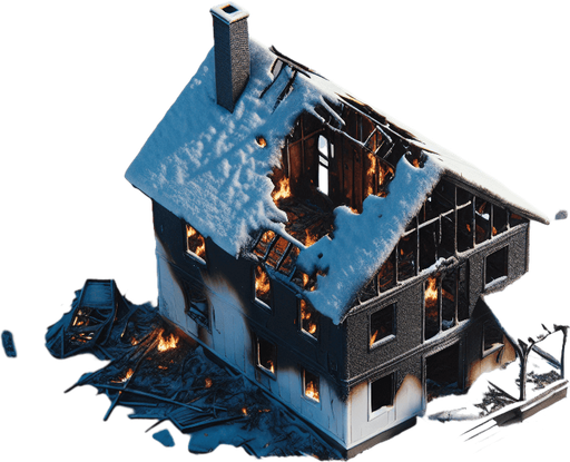 overhead view of charred remains of a completely burned down box house snowy lawn video game asset 2d blank background Single Game Texture. In-Game asset. 2d. Blank background. High contrast. No shadows.
