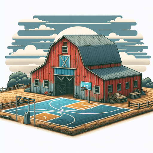basketball barn background.
Single Game Texture. In-Game asset. 2d. Blank background. High contrast. No shadows.