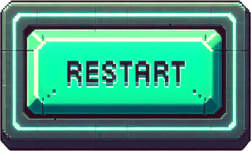 A green, elongated rectangular button designed for a video game UI, viewed straight from the front. The button has a muted neon green surface with a soft, subtle glow, giving it a retro-punk futuristic vibe without overwhelming brightness. The edges are slightly rounded, with a faint cyan outline that adds a touch of depth and complements the design.

Centered on the button, the word 'RESTART' appears in a bold, pixel-art font with a faint white outline, ensuring it remains clear and readable. The background is simple and minimal, with a subtle grid texture lightly visible on the button's surface to maintain the retro-futuristic aesthetic without excess glare. The overall design is clean and balanced, perfect for an immersive gaming interface..
Single Game Texture. In-Game asset. 2d. Blank background. High contrast. No shadows.