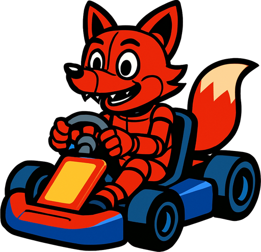 Un zorro rojo animatronico en un kart.
In-Game asset.  2d.  High contrast.  No shadows