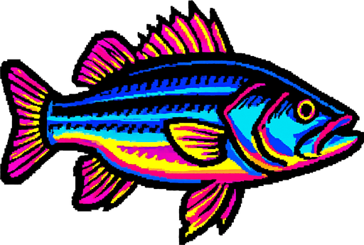 A sea bass. 80s arcade machine graphics. 
Swimming Side profile. White background. 
In-Game asset.  2d.  High contrast.  No shadows