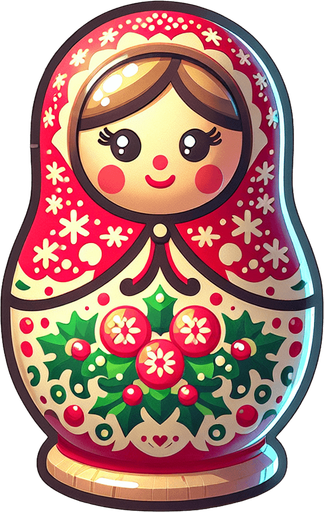 One Christmas Matryoshka Doll. Plastic style Single Game Texture. In-Game asset. 2d. Blank background. High contrast. No shadows.
