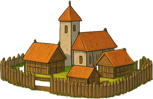 sağ üst köşeye çevresinde eski tahta çitler olan çok küçük bir köy ekle