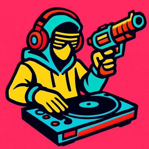 DJ with blaster.
In-Game asset.  2d.  High contrast.  No shadows
