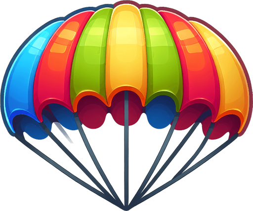 parachute. multicoloured. cartoon style..
Single Game Texture. In-Game asset. 2d. Blank background. High contrast. No shadows.
