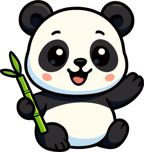 A cute cartoon-style panda character for a mobile game. Chubby body with classic black and white fur, big round eyes with a sparkle, small ears, sitting or standing upright with a happy, playful expression. Holding a bamboo stick or waving. Colorful, simple background. High-quality digital illustration, ideal for a children’s game.”.
In-Game asset.  2d.  High contrast.  No shadows. cartoon style