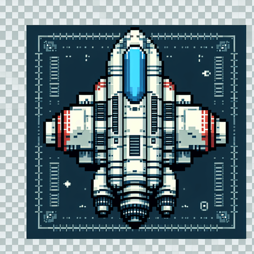 retro 2d spaceship, top view.
Single Game Texture.  In-Game asset.  2d.  transparent background.  High contrast.  No shadows