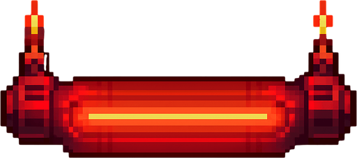 A horizontal glowing paddle for a 2D breakout-style arcade game.
Make it bright red with a futuristic laser cannon design.
The paddle should have two small laser emitters on each side pointing upward.
Style: minimal, pixel-art or arcade-style, flat background.
Top-down view, transparent background, centered.
Resolution: 512x128 px..
In-Game asset.  2d.  High contrast.  No shadows