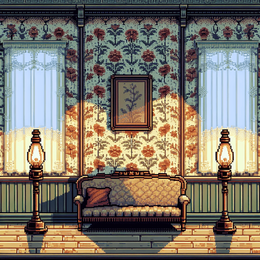 The wallpaper of a Victorian home. Muted pattern, old and vintage, Edwardian style pixel art. Pixel art gas lamps in a dark room.
Single Game Texture. In-Game asset. 2d. Blank background. High contrast. No shadows.