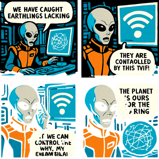 "Comic book style 4 panels of grey alien commander receiving transmission on holographic display showing Earth's internet infrastructure map,  text bubbles saying ' we have caught the earthlings lacking'  'they are controlled by this WiFi signal' 'if we can control the WiFi, we can enslave them all' 'the planet is ours for the taking' sci-fi comic book technology designs".
In-Game asset.  2d.  High contrast.  No shadows