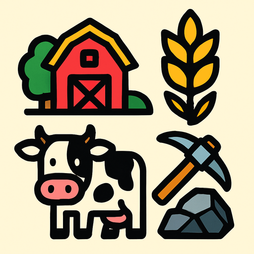 My farm, wheat, cow, ore, pickaxe. Starting screen style.
In-Game asset.  2d.  High contrast.  No shadows