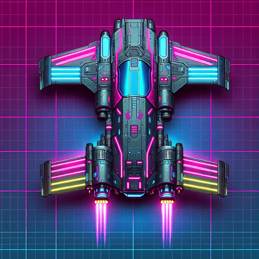 Neon cyberpunk flying car.
Single Game Texture.  Blank background.  High contrast.  No shadows. Top-down