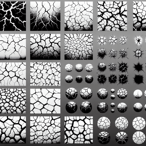 A sprite sheet of different crack patterns. Just the crack..
Single Game Texture. In-Game asset. 2d. Blank background. High contrast. No shadows.
