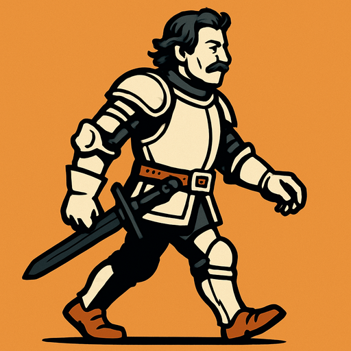 şovalye kıyafetli orta yaşlı bir adam belinde kılıcıyla sağdan sola yürür gibi.
In-Game asset.  2d.  High contrast.  No shadows