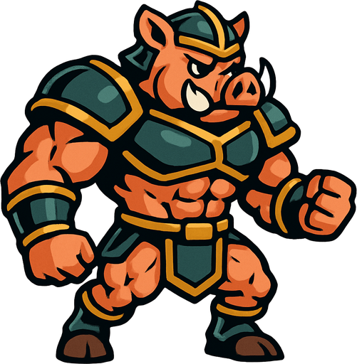 cerdo en 2 patas musculoso con armadura.
In-Game asset.  2d.  High contrast.  No shadows