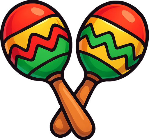 A colorful, cartoon-style 2D illustration of a pair of maracas. Each maraca should have a rounded top and a small wooden handle, decorated with bright patterns (like stripes or zigzags in red, yellow, green). The design should be playful and festive, matching the visual style of mobile games. Export as a transparent PNG, with bold outlines and soft shading, suitable for use as a music quiz game icon..rounded background with yellow or green

In-Game asset.  2d.  High contrast.  No shadows