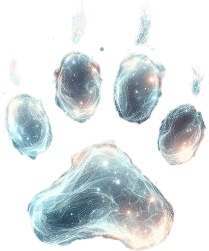 A glowing paw print (wolf, bear, or cat-like) leaving a faint spectral trail..
Single Game Texture.  In-Game asset.  2d.  Blank background.  High contrast.  No shadows
