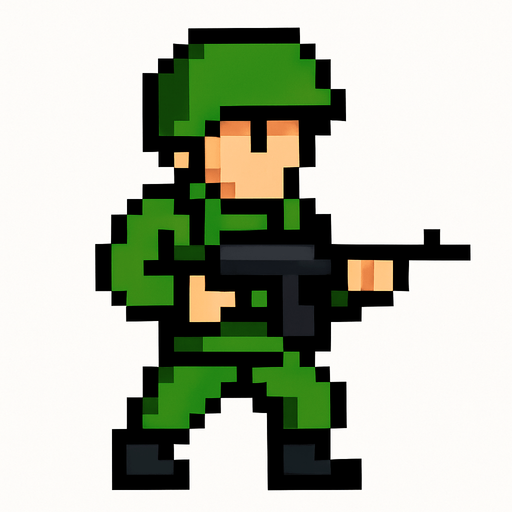 soldier pixel.
In-Game asset.  2d.  High contrast.  No shadows