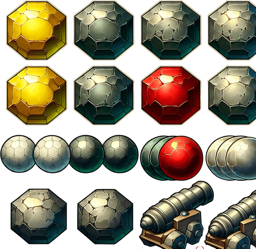Create a set of hexagonal, rock-like balls for a cannon shooting game. Each ball should have a slightly beveled edge, giving it a 3D stone-like appearance with light shading and highlights. The balls should come in three distinct colors: Yellow, Red, and Green, each representing different power-ups or game functions. The texture should resemble polished stone but slightly rough, with subtle cracks or imperfections for realism.".
Single Game Texture.  In-Game asset.  2d.  Blank background.  High contrast.  No shadows