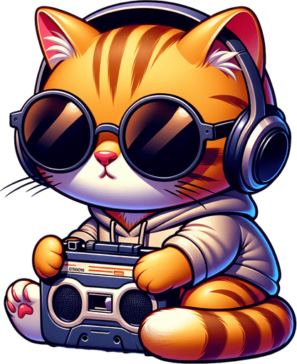 The character in the image transforms into a music-loving cat, retaining its cartoon-style appearance as an orange tabby with distinctive stripes. This cat's round face is now partially obscured by a large set of headphones, resting snugly over its big black eyes, which peek out just below oversized, round, dark opaque sunglasses. The headphones connect to a classic walkman, cradled in its paw, showcasing the cat's love for retro music vibes. Despite its prominent, exaggerated red pout shaped like a duck's bill, the cat seems even more relaxed and content as it loses itself in the melodies. Its body, smaller in proportion to its head, accentuates its adorable, chubby look, further emphasized by its simple, light-colored hoodie with a drawstring. Sitting with paws in front and a walkman in hand, the cat's relaxed posture now takes on a rhythm of its own, embodying the blissful escapism found in music. This updated portrayal, merging playful charm with a passion for tunes, perfectly suits a mascot for music education apps or as a delightful character in children's stories about the joy and universal language of music..
Single Game Texture. In-Game asset. 2d. Blank background. High contrast. No shadows.
