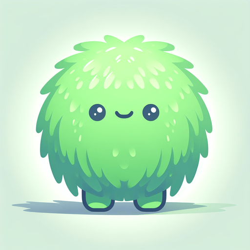 a green furry cuddly ball of fur. little feet. No ears. cute happy face. Cartoon style. Cute art style. Simple vector style. Pastel colors, flat shaded, vector art. Single Game Texture. In-Game asset. 2d. Blank background. High contrast. No shadows