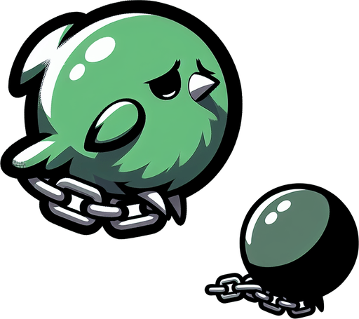 A sad little green bird sitting in ball chain..
Single Game Texture. In-Game asset. 2d. Blank background. High contrast. No shadows.