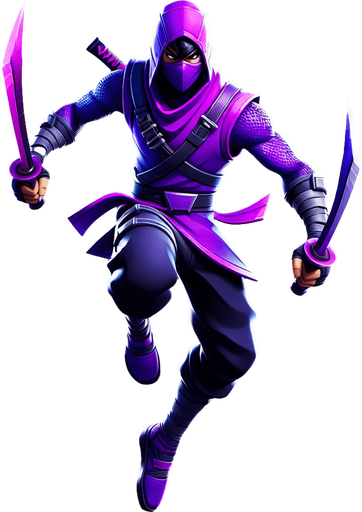 purple ninja with two blade jump style act for battle.
Single Game Texture.  In-Game asset.  2d.  Blank background.  High contrast.  No shadows