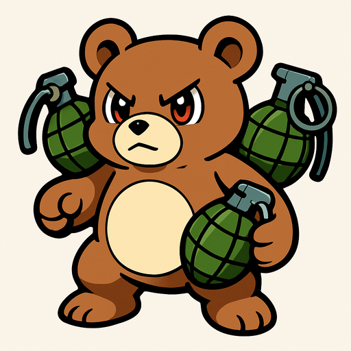 MONSTRINHO URSO PARDO COM GRANADAS NO ESTILO POKÉMON E DIGIMON.
In-Game asset.  2d.  High contrast.  No shadows