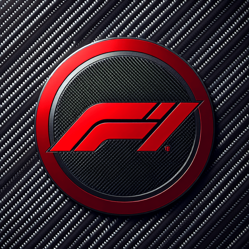 Red "F1" logo with dark carbon fiber.
Single Game Texture. In-Game asset. 2d. Blank background. High contrast. No shadows.