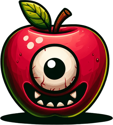 Apple with eye and mouth animation..
Single Game Texture.  In-Game asset.  2d.  Blank background.  High contrast.  No shadows