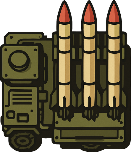 A surface-to-air (SAM) missile launcher..
In-Game asset.  2d.  High contrast.  No shadows. Top down view