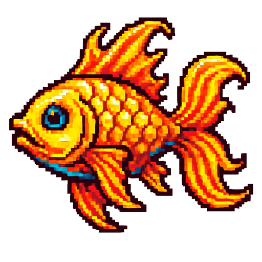 A shining golden mythical fish. Side profile, swimming. 
80s arcade machine graphics. White background. 
In-Game asset.  2d.  High contrast.  No shadows