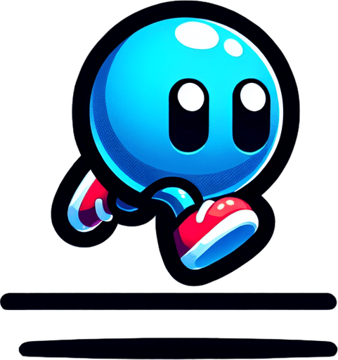 A tiny arcade-style jumper character with a playful look. Minimalist design, round body, short legs, and big eyes. Bright blue color, wearing red sneakers. Designed for fast jumping and dashing, perfect for dodging obstacles. Appears lively and determined. Transparent background..
Single Game Texture.  In-Game asset.  2d.  Blank background.  High contrast.  No shadows