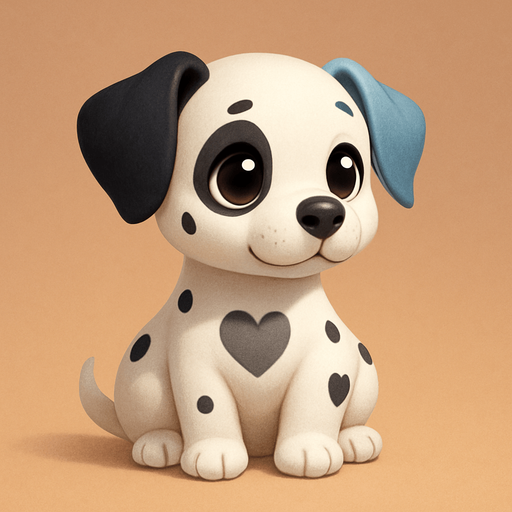 A white dog with black spots on him and one ear black and one ear blue. Make it a sitting dog with a heart grey hole in the middle of the body and make it SOOOO  cute with big cute eyes with shines in them and make the dog facing right.
Kinda 3d. Some Shadows.