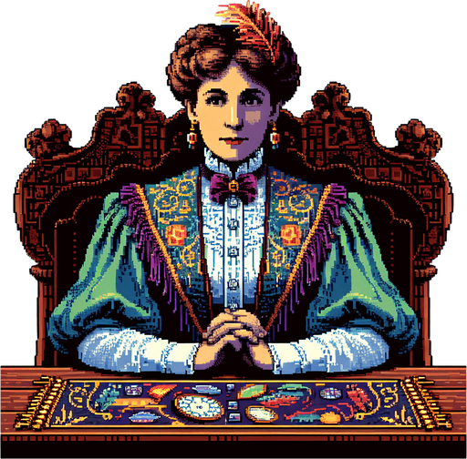 Madam curio sits in front of you. She is an Edwardian era fortune teller. She is seen from the waist up in front of an ornate table.. Single Game Texture. In-Game asset. 2d. Blank background. High contrast. No shadows. Full color pixel art..
Single Game Texture. In-Game asset. 2d. Blank background. High contrast. No shadows.