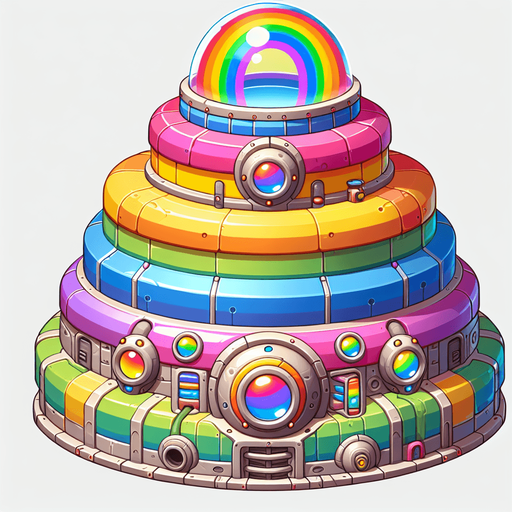 Vue de face centrée d'une machine magique en forme de pièce montée arc-en-ciel avec une petite entrée d'alimentation en bas au milieu, un très grand hublot central et un tube transparent dirigé vers le haut..
Single Game Texture.  In-Game asset.  2d.  Blank background.  High contrast.  No shadows