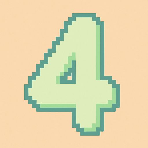 A pixel art number "4" designed for a cozy, cute retro 2D game UI with a bird theme. The number is rendered in soft pastel light green tones to harmonize with the gentle and sweet aesthetic of the game. It has a clean, simple, and rounded pixel style with no harsh edges, fitting perfectly within the pixel art UI style. The number is bold and easily readable at small sizes..
In-Game asset.  2d.  High contrast.  No shadows. pixel art. retro. 2d ui. number. pastel light green. simple. rounded edges. bold. cute. minimal