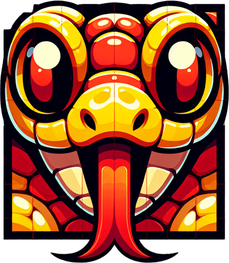 Two big eyes with tounge outside  that is snake head with  yellow and redcolors .
Single Game Texture.  In-Game asset.  2d.  Blank background.  High contrast.  No shadows