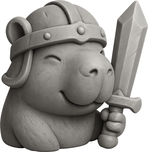 Recrealo en una escultura. Utiliza un estilo cartoon. Usas colores grises. Recuerda que es un capibara usas sus rasgos y formas. Damelo sin fondo