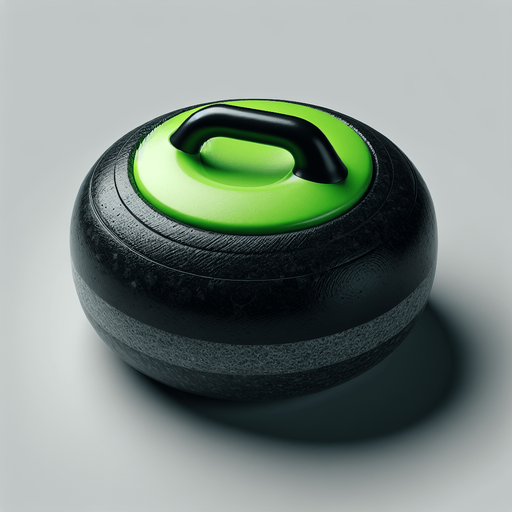 black curlingstone with neongreen top, top view.
