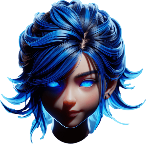 Une tête vue dessus avec des cheveux bleus.
video game