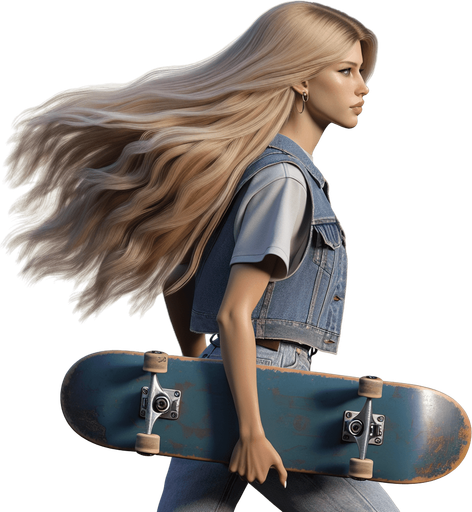 Photorealistic Avril Lavigne skateboarding, profile view.