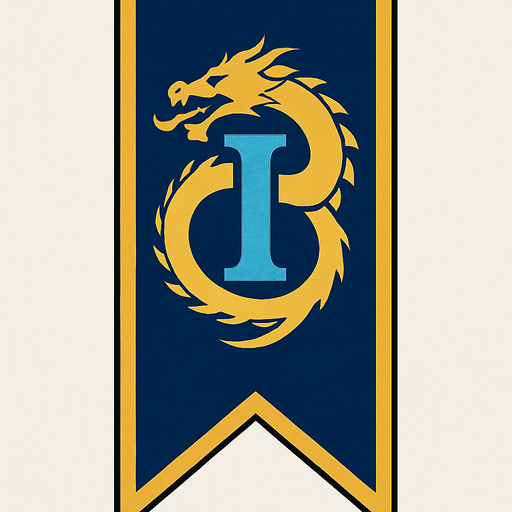 bandera larga con un simbolo de una i azul con un dragon al lado
e el diseño d ela i.
In-Game asset.  2d.  High contrast.  No shadows