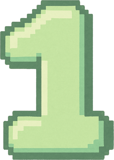 A pixel art number "1" designed for a cozy, cute retro 2D game UI with a bird theme. The number is rendered in soft pastel light green tones to harmonize with the gentle and sweet aesthetic of the game. It has a clean, simple, and rounded pixel style with no harsh edges, fitting perfectly within the pixel art UI style. The number is bold and easily readable at small sizes..
In-Game asset.  2d.  High contrast.  No shadows. pixel art. retro. 2d ui. number. pastel light green. simple. rounded edges. bold. cute. minimal
