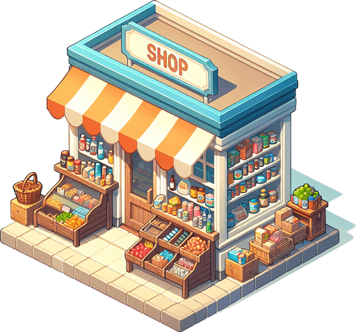 Make it look like a shop.
Single Game Texture.  In-Game asset.  2d.  Blank background.  High contrast.  No shadows