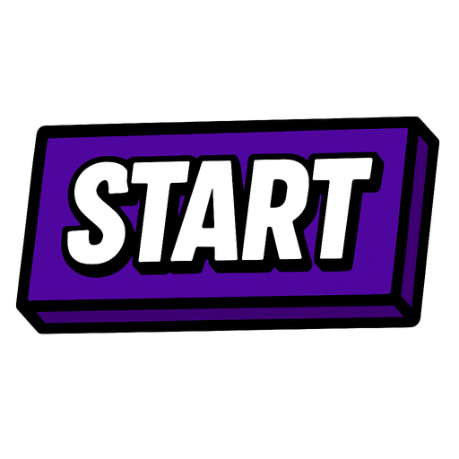 A bold comic-style rectangular button labeled 'Start' in capital white letters. The button has sharp edges with thick black outlines and a deep purple fill. Style mimics classic graphic novel UI — solid, punchy, and energetic. No background, transparent PNG.
In-Game asset.  2d.  High contrast.  No shadows