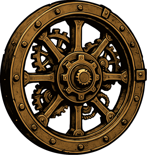 has una rueda en estilo steampunk.
In-Game asset.  2d.  High contrast.  No shadows