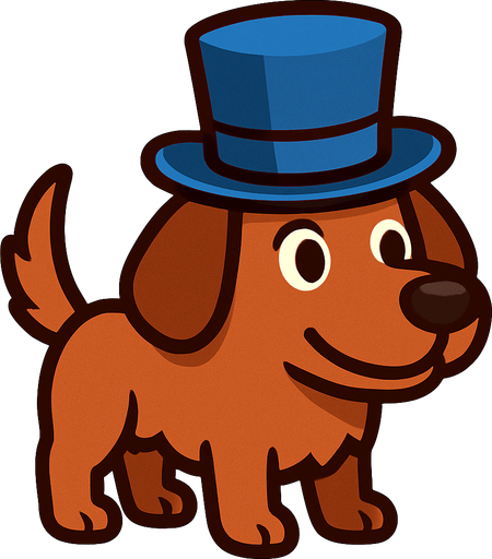 Brown dog with a blue top hat. 🎩.
In-Game asset.  High contrast.  No shadows. 2d.