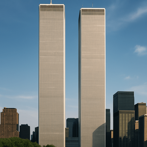 Photorealistic image about world trade center twin towers from front view.