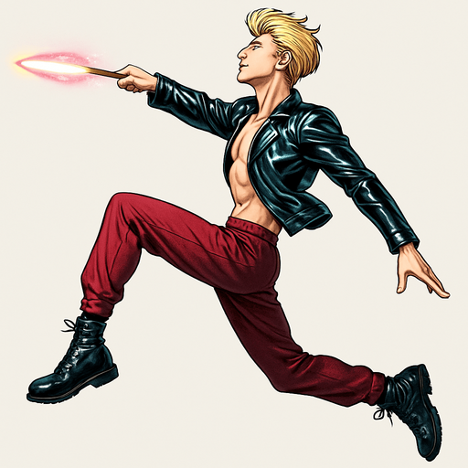 Swishy graceful man opposite arm and leg in front Cyberpunk manga, side profile view jumping pushing off the ground one leg extended one knee raises arms at sides loookkng skyward torpedo magic launching leap jump, shiny black leather biker jacket longsleeves shirtless Skinny abs blonde pompadour guy, wine red joggers combat boots, Background removed, "Full-body character, entirely in frame, no cropping of face, head, or feet" "Complete character visible, from head to toe, fully centered in the image" "Entire character, including face and boots, fully within the frame" Character fully contained within a square frame, no edges cut off fashion model idle pose